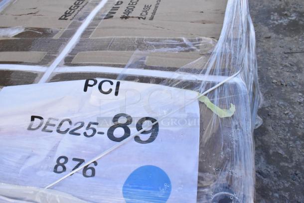 Brand new Regency 50 lb. 25 GPM grease trap, PDI certified, and 460EC2448 chrome shelf, lightly scratched, packaged for auction.