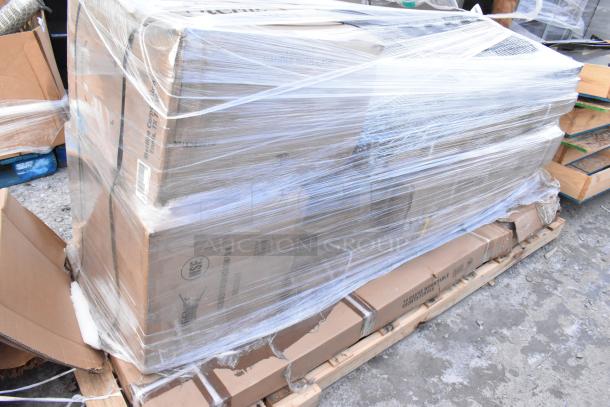 Pallet of 11 brand new scratch and dent items, including equipment stand and shelves, wrapped in plastic. Boxes show minor wear.