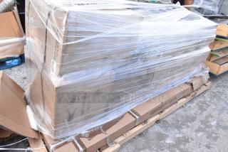 Pallet of 11 brand new scratch and dent items, including equipment stand and shelves, wrapped in plastic. Boxes show minor wear.