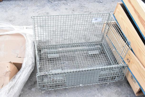 Steel wire basket with grid design, labeled "220." In good condition, ideal for storage or industrial use.