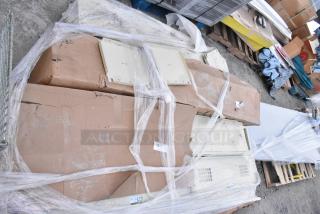 Tan metal locker system, disassembled, wrapped in plastic and cardboard. Slight wear visible, labeled with item number 221.