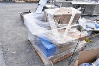Four new scratch and dent items on a pallet, including ingredient bins. Wrapped in plastic, some visible boxes labeled "Waste Receptacle."