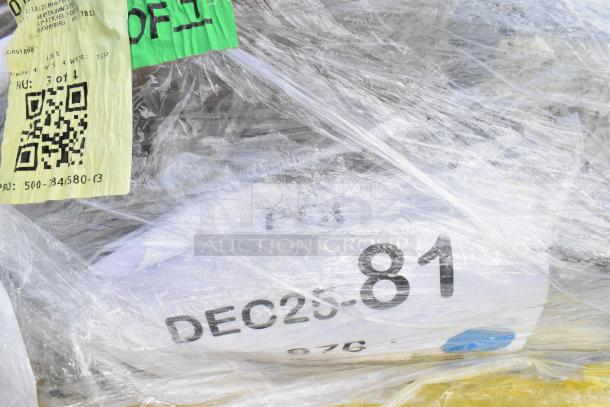 Plastic-wrapped pallet with labels and QR code, containing 4 scratch and dent ingredient bins, marked "DEC25-81".