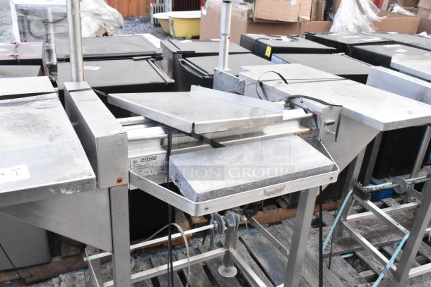 Hobart HWS-4 stainless steel wrapping station, floor style, 120V, 1 phase, commercial use. Visible wear, tags, and labels.
