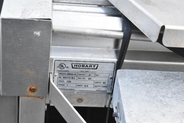 Hobart HWS-4 stainless steel commercial wrapping station, model details visible. 120V, 1 phase, 8.5A, 1385W. Good condition.