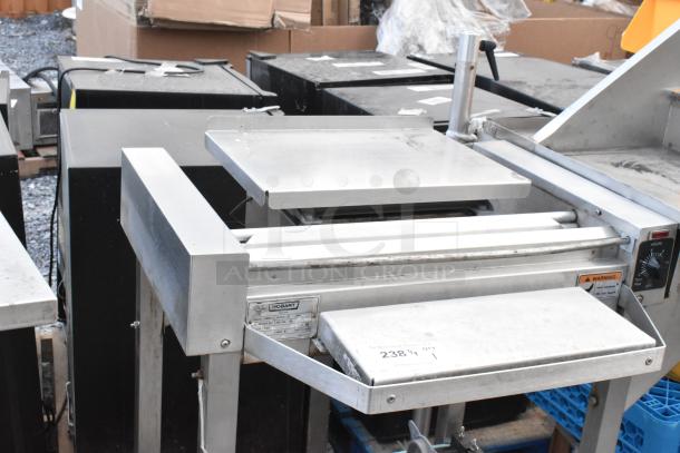 Hobart HWS-4 stainless steel commercial wrapping station, 120 volts, 1 phase, floor style, visible control dial and labels.