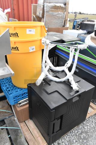 Assorted new items including Lavex trash cans, dish caddies, and storage containers with tags indicating scratch and dent condition.