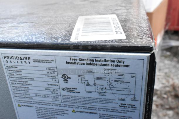 Five mini coolers, including Frigidaire FGFR470 and Haier HC46SF10S, 120V, 1 phase. Labels show installation and specs.