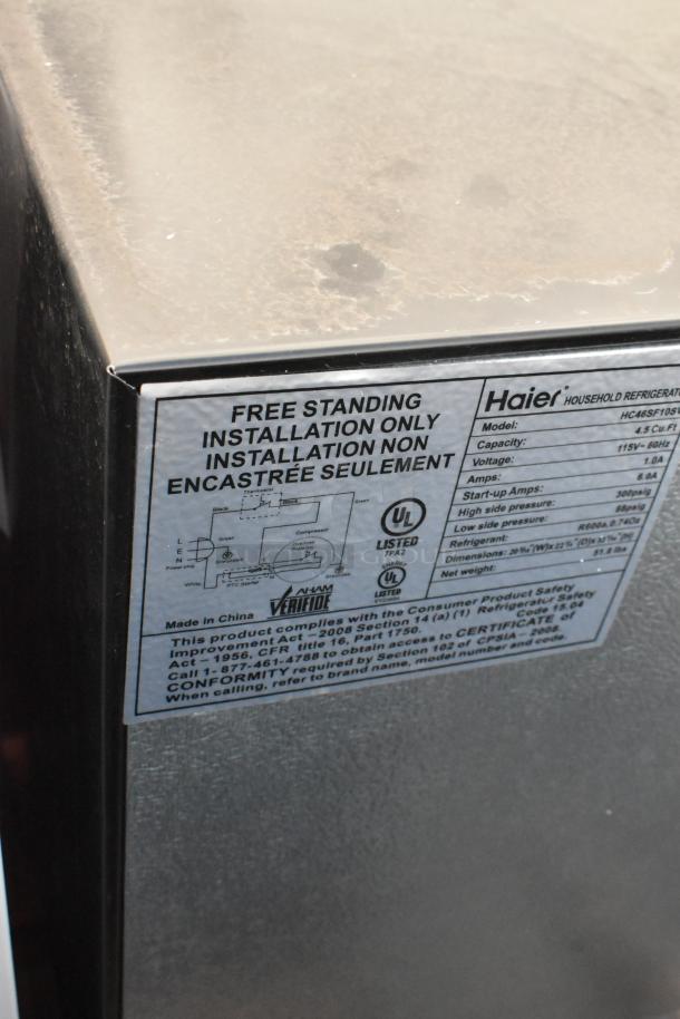 5 mini coolers including Frigidaire FGFR470, Haier HC46SF10S. 120V, 1 Phase. Label shows installation and compliance details.
