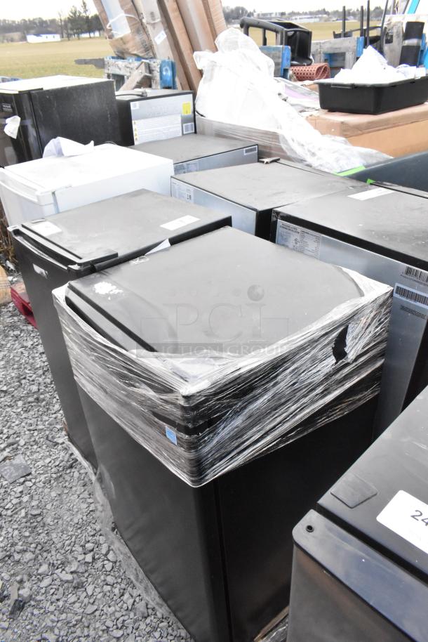 Four mini coolers including Black & Decker BCD33B, Vissani HVDR31GSE, Galanz GLR33MBKE23, Danby DCR044A2BDD-3, 120V.