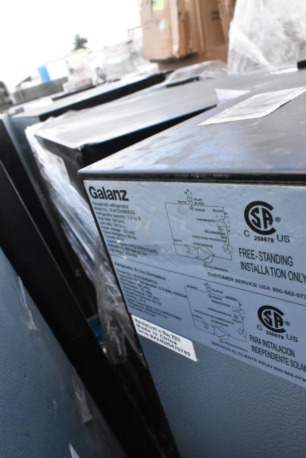 Four mini coolers including Galanz GLR33MBKE23 with visible specifications, 120 volts, 1 phase, free-standing installation.