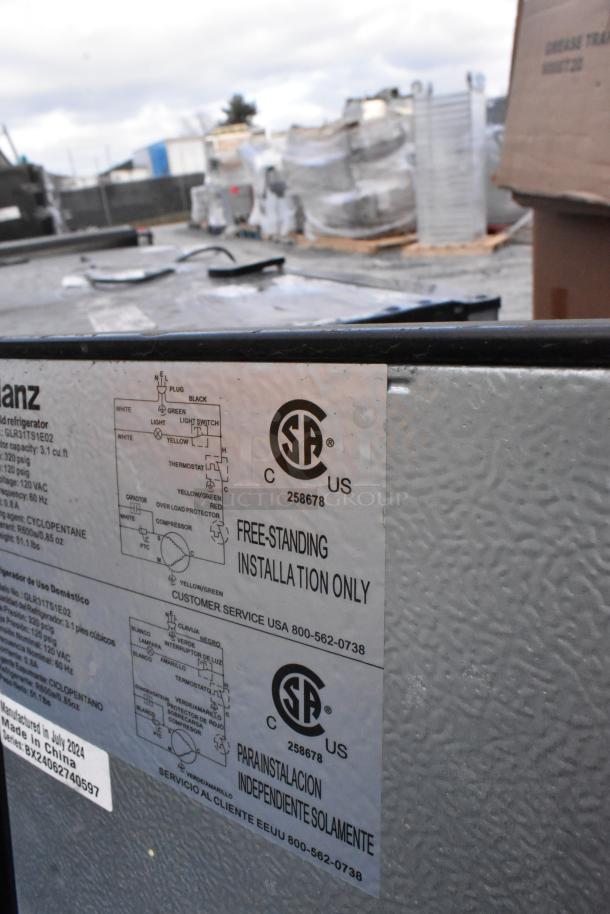 Five mini coolers including Magic Chef HMAR33SE. Features labels with installation instructions. 120 Volts, 1 Phase.