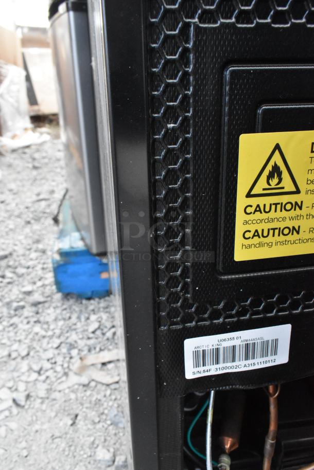 Four mini coolers, models Vissani HVAR43GSE, Nostalgia IRF32BK, Haier HC32TW10SV, 120V, 1 phase, with caution and serial number labels.