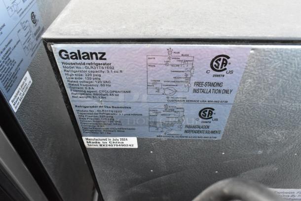 4 mini coolers: Sanyo SR-4910M, Galanz GLR31TS1E02, Galanz GLR33MBKE23, 120V, 1-phase, features label with specs and serial details.