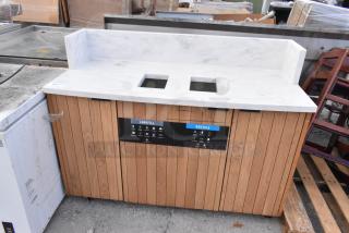 Wooden trash can shell with marble top, featuring two deposit holes and labeled doors for landfill and recycling.