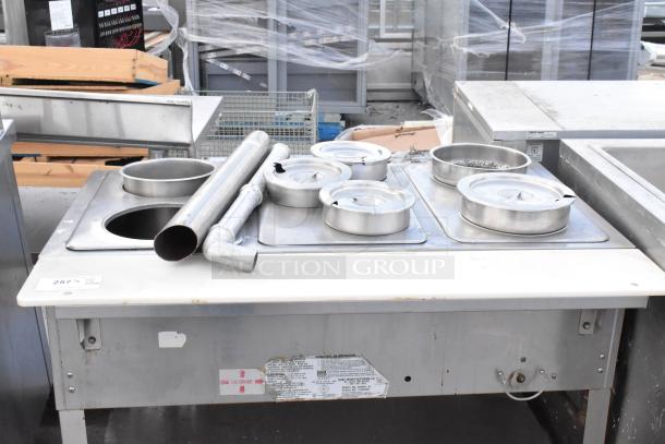 Duke WB303 M stainless steel commercial 3-well steam table, natural gas, visible condition wear, operation label attached.