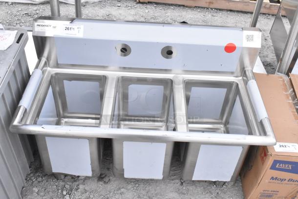 Brand new Regency 58" 16-gauge stainless steel three-compartment commercial sink, no legs, with 2 drainboards, NSF certified.