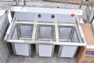 Brand new Regency 58" 16-gauge stainless steel three-compartment commercial sink, no legs, with 2 drainboards, NSF certified.