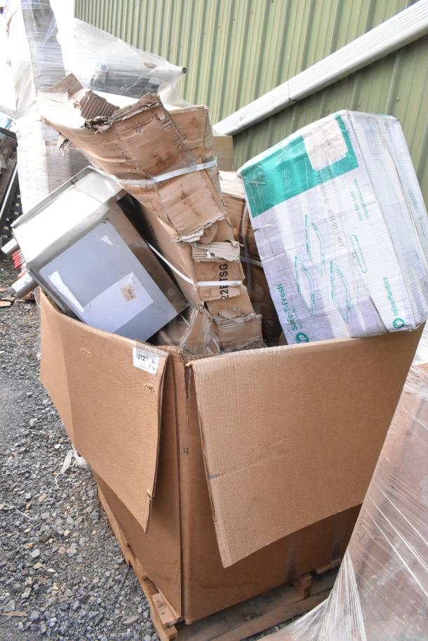 Box of 8 brand new scratch and dent items, including Steelton and Regency stainless steel tables and ice bin.