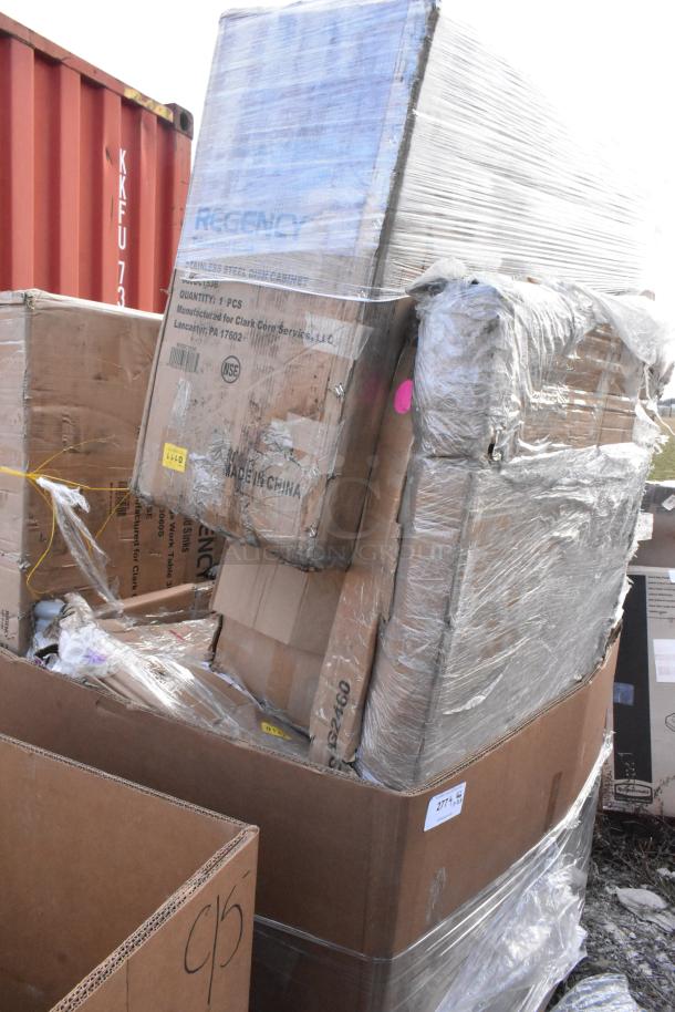 12 new scratch and dent items, including Regency and Steelton stainless steel tables. Original packaging, slight damage.