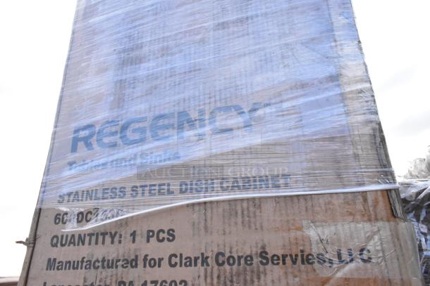 12 new scratch and dent items including Regency 30"x60" stainless steel table. Box marked "Stainless Steel Dish Cabinet."