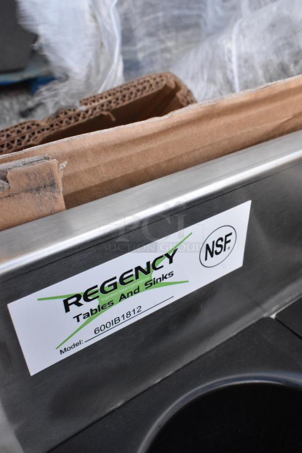 Regency 600IB1812 Stainless Steel Underbar Ice Bin, NSF certified, brand new with packaging visible.