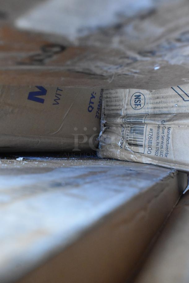 Box of new items including Regency stainless steel underbar ice bin, wall shelf, mop sink, and laminated table top. Visible packaging details and markings.