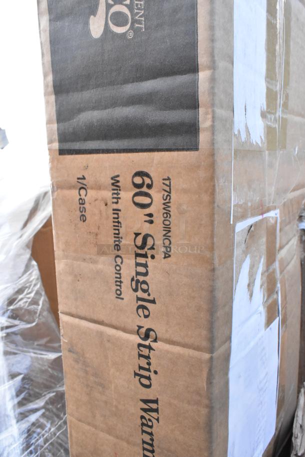 Cardboard box labeled "60-Inch Single Strip Warmer with Infinite Control," indicating contents and features.