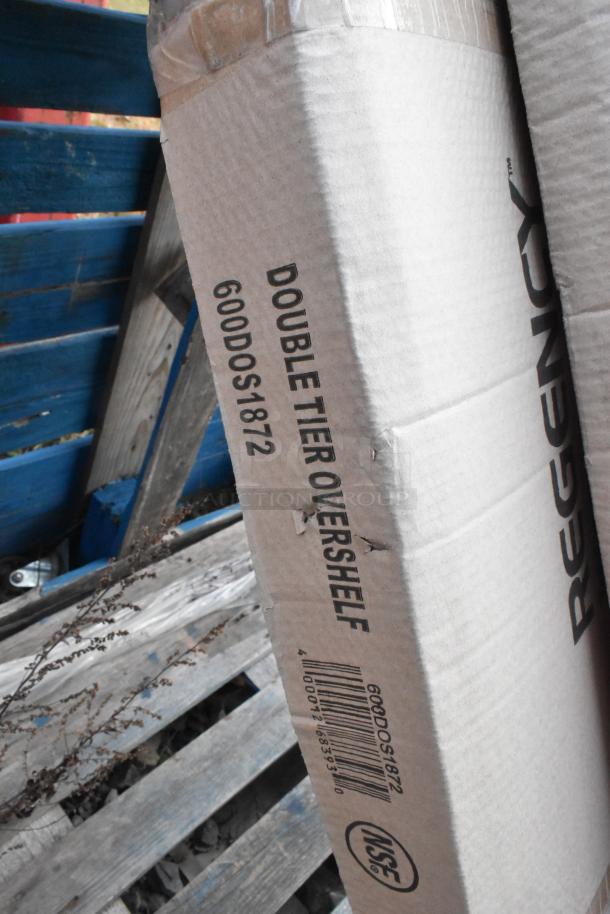 New Regency Stainless Steel Double Deck Overshelf, 600DOS1872, 18"x72"x32", in original packaging with visible label.
