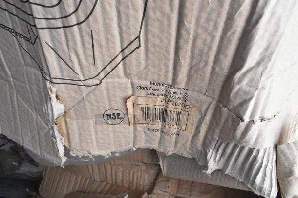 Corrugated box with visible wear, bar code, and NSF mark. Item code #176IB100, manufactured for Clark Core Services.