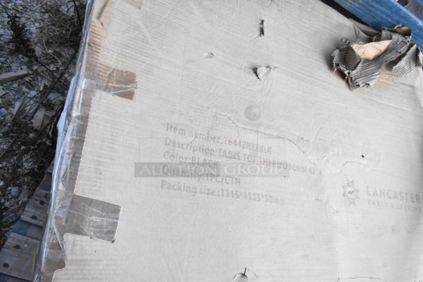 Damaged box with visible markings for Lancaster Table & Seating 42" Black Table Top, item #16442RTFBLK, 1 pc per carton.