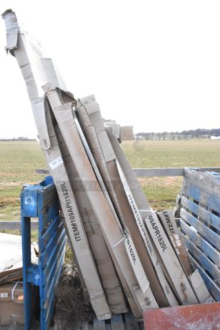 Eight new items in boxes, including Four 109APR1820L Regency 20 Pan Racks and Steelton 24x60" Work Table, slight box wear.