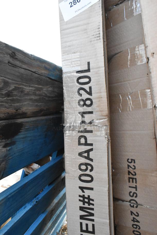 Boxes of unassembled items including Regency 20 Pan End Load Bun/Sheet Pan Rack and Steelton 24" x 60" Work Table.