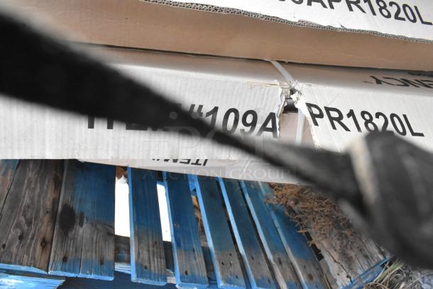 8 scratch and dent items including four Regency 20 pan racks with boxes, partially damaged. Model 109APR1820L visible.