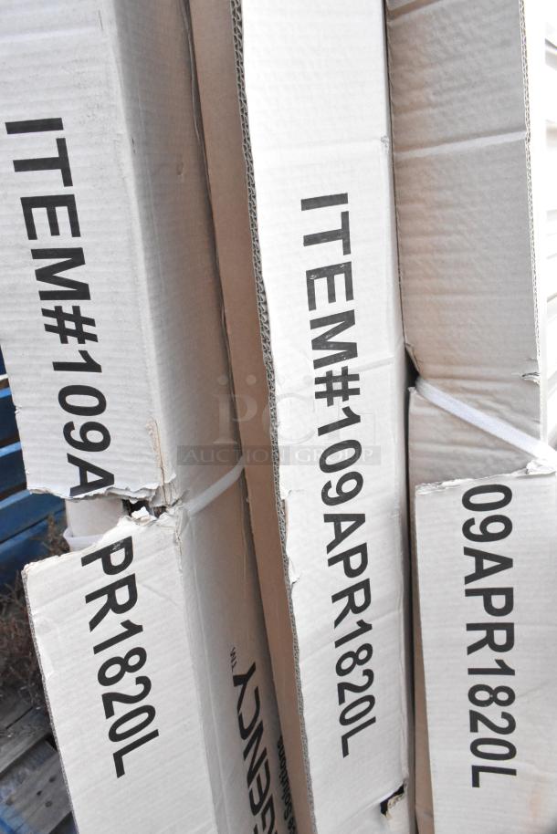 8 new Scratch and Dent items, including Regency 20 pan racks and Steelton work table, in original packaging. Item #109APR1820L.