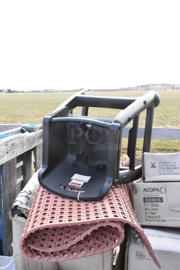11 brand new scratch and dent items, including a black utility cart, wood seat, red basket, and stoneware plates. Boxes labeled.