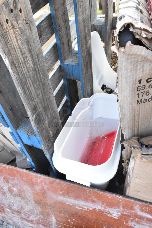 11 new scratch and dent items, including 109CARTBUSBK utility cart, mid-century wood seat, plastic basket, and stoneware plate.