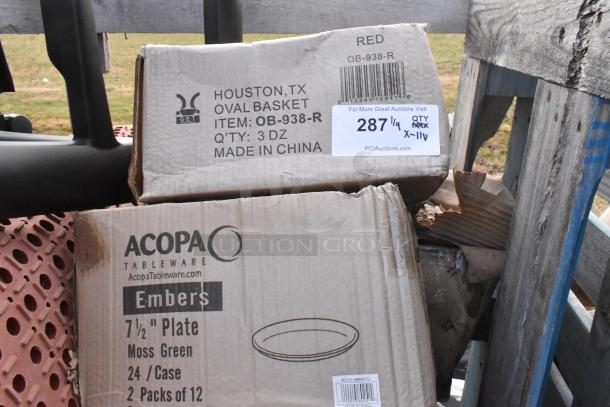 Boxes featuring GET OB-938-R red plastic baskets and 303EMBRP7G Acopa stoneware plates. Tags indicate quantities and item details.