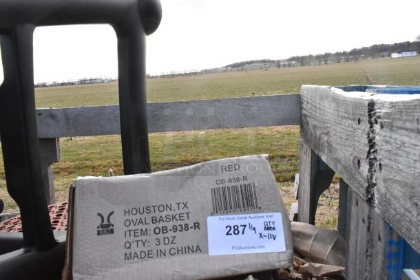 Brand new utility cart seat, red fast food basket, and stoneware plate. Includes box labeled "OB-938-R," 3 dozen, made in China.