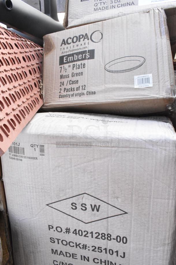 Cardboard boxes containing Acopa Embers 7.5" Moss Green Plates, 24 per case, 2 packs of 12. Made in China.