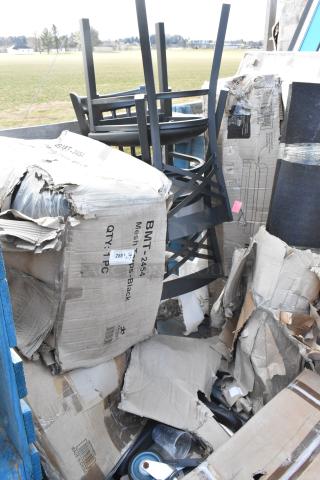 Seven scratch and dent items, including chairs, BMT-2454 black heavy-duty mesh tarp, Steelton speed rail in opened boxes.