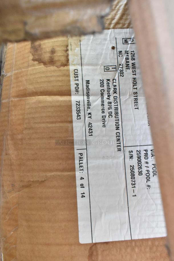 Label on a cardboard box indicating shipping details from Clark Distribution Center, Kentucky, to Mebane, NC. Pallet 4 of 14.