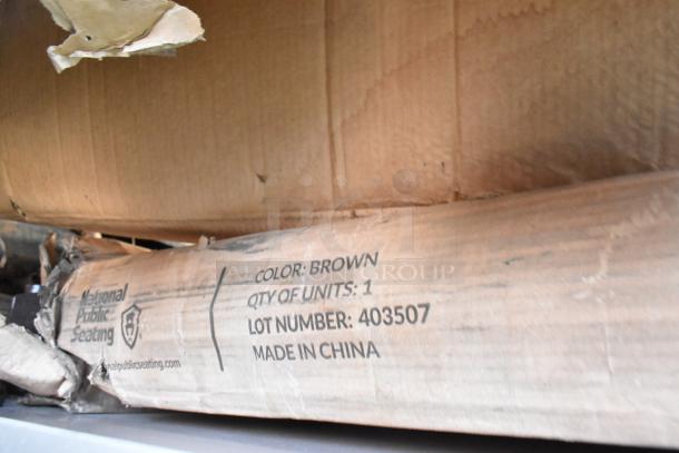 Damaged packaging with "National Public Seating" logo, color brown, single unit, Lot# 403507, Made in China.
