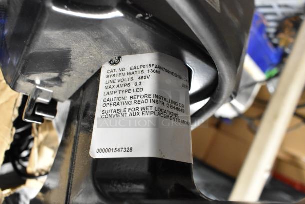 GE flood light model EALP015F2AN750NDD1BLCX, LED, 136W, 480V, suitable for wet locations, label details included.