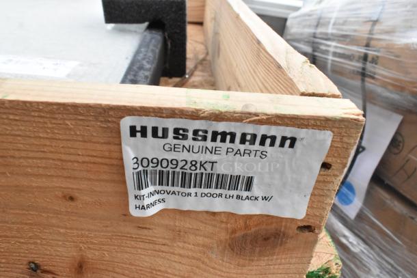 Brand new Hussmann 3090928KT glass merchandiser doors in crate, genuine parts, with kit-innovator 1 door LH black w/ harness.