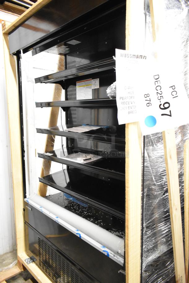 BRAND NEW Hussmann MDN-4775B1A microSC 47" Black Vertical Open Air Merchandiser, scratch and dent, with visible tags.