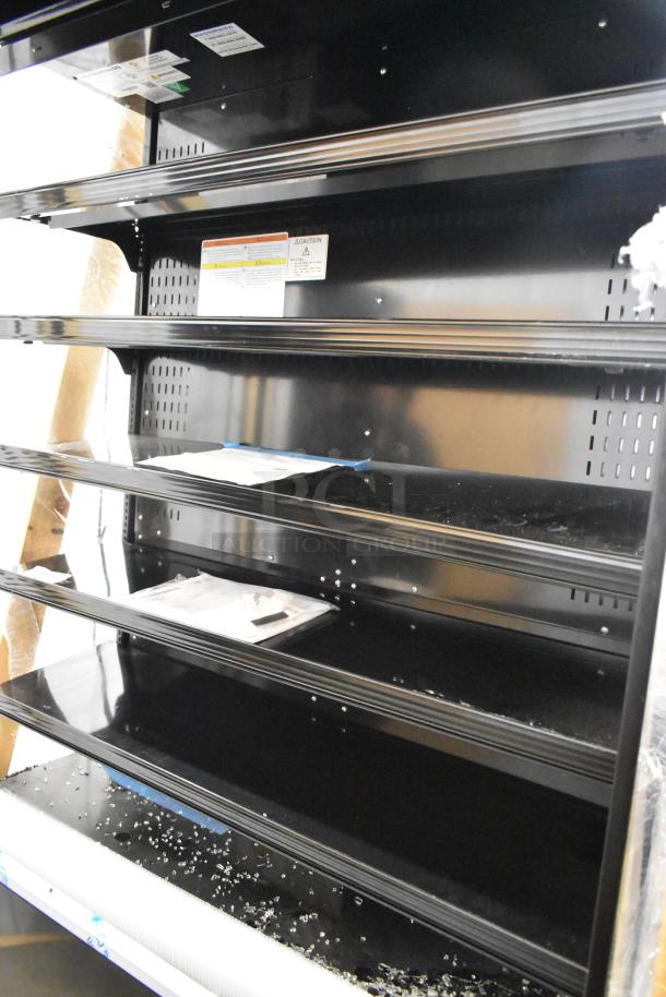 BRAND NEW Hussmann MDN-4775B1A black vertical open air merchandiser, 47", minor scratches, labels visible, roomy shelves.