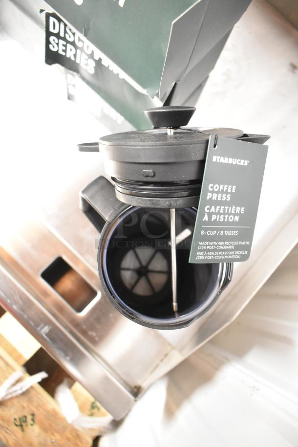 Starbucks Coffee Press, 8-cup, made with recycled plastic. Includes Discovery Series packaging. Excellent condition.