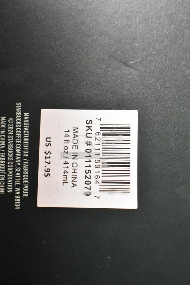 Label showing SKU #011152079 for a product made in China, 14 fl oz/414 mL, priced at US $17.95, with manufacturer details.