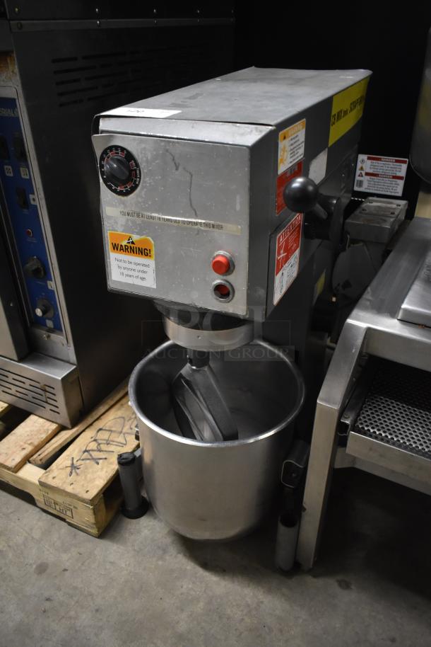 Varimixer W20 commercial 20-quart dough mixer with metal bowl and pastry paddle. 115 volts, 1 phase. Tested, working. Warning labels visible.